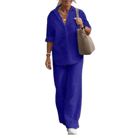 Damen Leichtes Leinen-Optik Zweiteiler mit Oversize-Hemd und weiter Palazzohose Nord Taschen