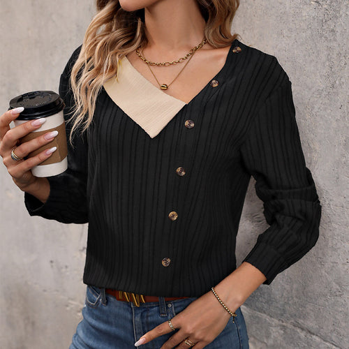 Damen Rippstrick-Top mit asymmetrischer Knopfleiste und kontrastierendem V‑Einsatz Nord Taschen