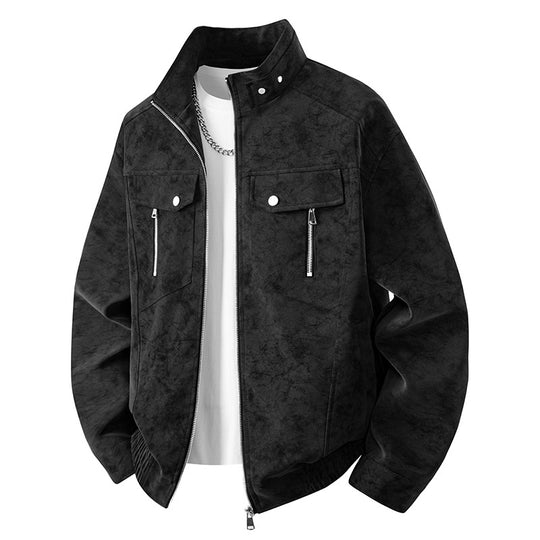 Herren Velours-Imitat Übergangsjacke im Bomberstil mit Stehkragen, Druckknopfleiste & elastischen Bündchen Nord Taschen