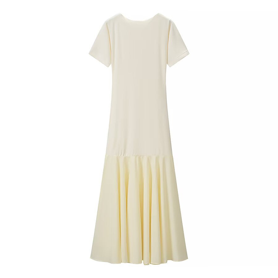 Damen Maxikleid mit kurzen Ärmeln, figurumspielendem Oberteil und ausgestelltem Volant-Saum Nord Taschen