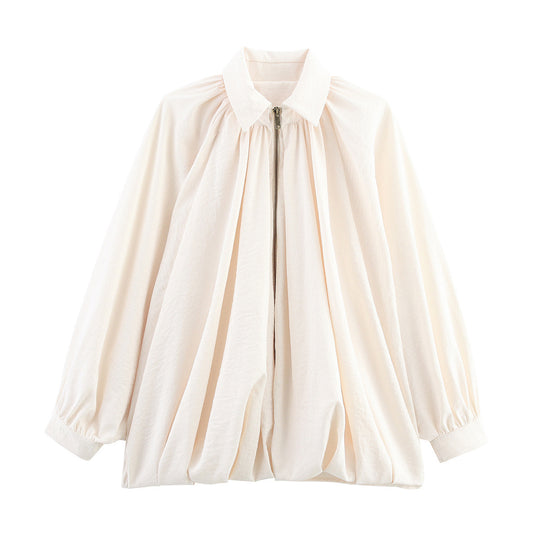 Damen Weite plissierte Cape-Bluse mit Stehkragen und verdecktem Reißverschluss Nord Taschen