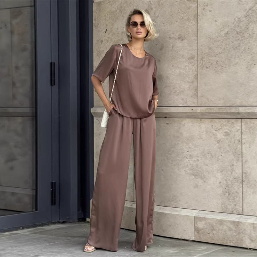 Damen elegantes und fließendes Zweiteiler-Set mit lockerem Oberteil und weiten Hosen Nord Taschen