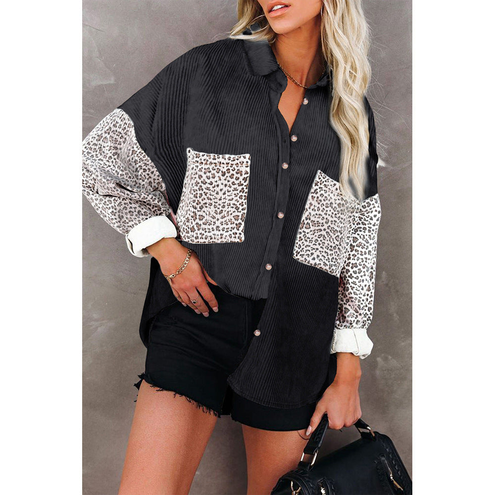 Damen Oversize-Hemdbluse mit Strukturstoff und Leo-Print Einsätzen Nord Taschen