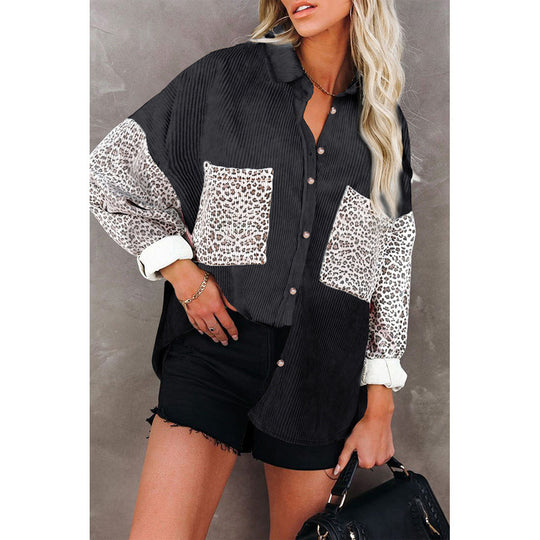 Damen Oversize-Hemdbluse mit Strukturstoff und Leo-Print Einsätzen Nord Taschen