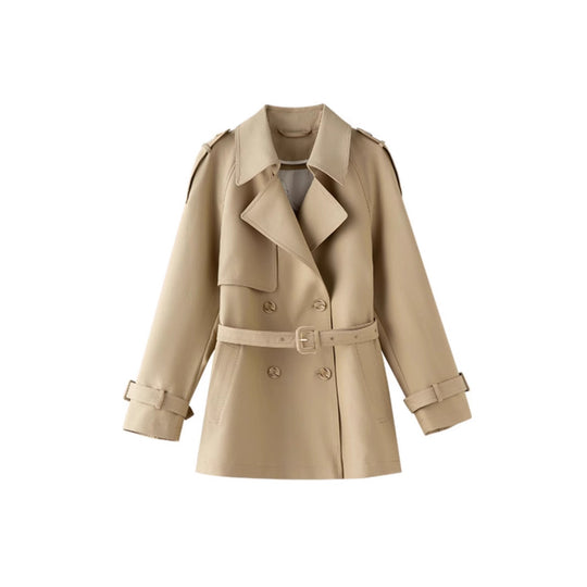 Damen Kurztrenchcoat im Doppelreiher mit Taillengürtel & Schulterklappen Nord Taschen