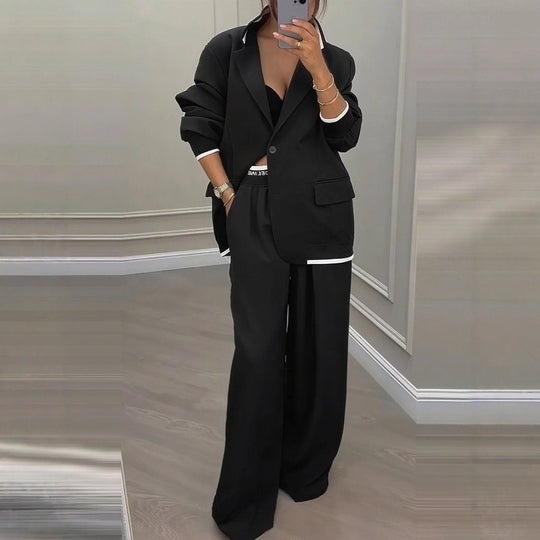 Damen Oversize-Blazer mit Kontrastbesatz und High‑Waist Palazzo‑Hose Zweiteiler Nord Taschen