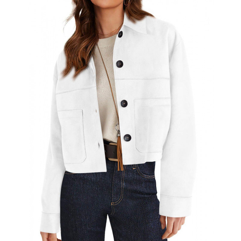 Damen kurze Wildleder-Optik Jacke mit aufgesetzten Taschen und Hemdkragen Nord Taschen