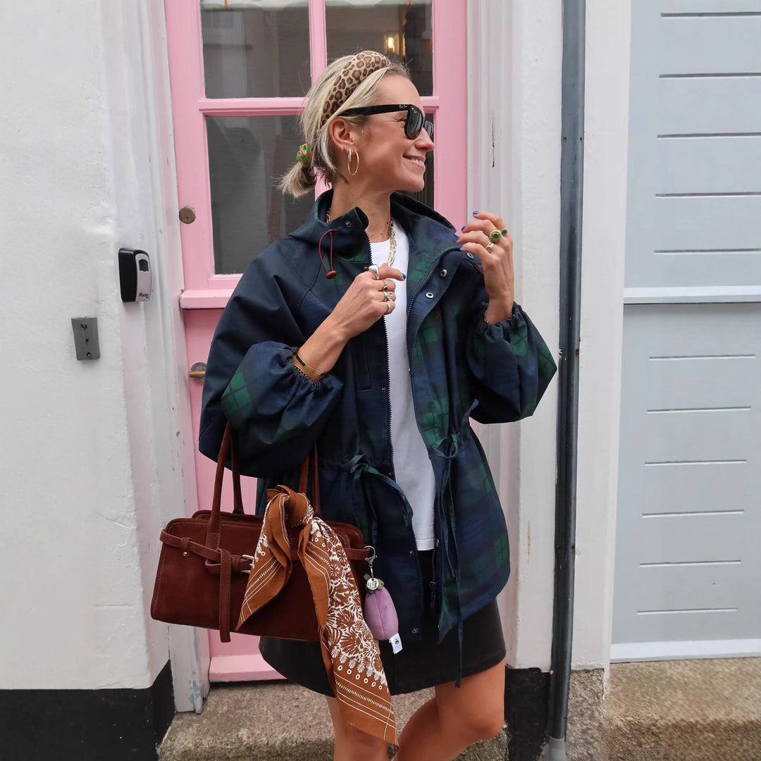 Damen Leichte Kapuzenjacke im Parka-Stil mit Kordelzug und Karomuster Nord Taschen