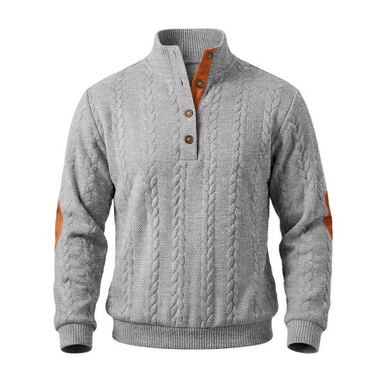 Herren Edler Zopfmuster-Strickpullover mit Kurzknopfleiste und Ellenbogenpatches Nord Taschen
