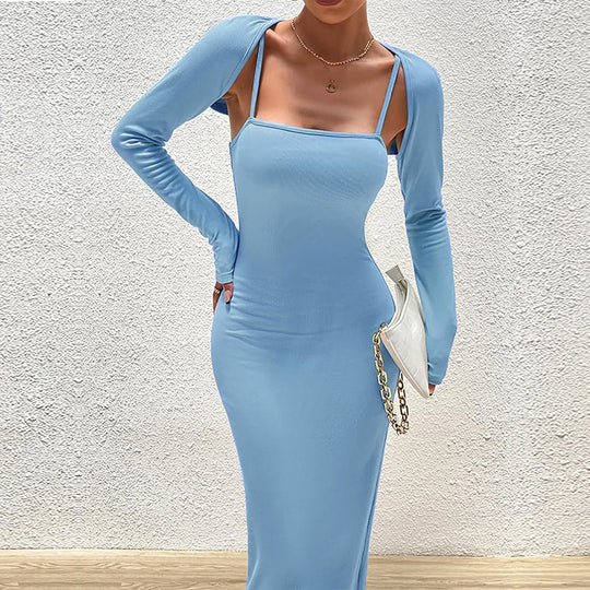 Damen schlankes Maxikleid mit Spaghettiträgern und abnehmbaren Bolero-Ärmeln Nord Taschen