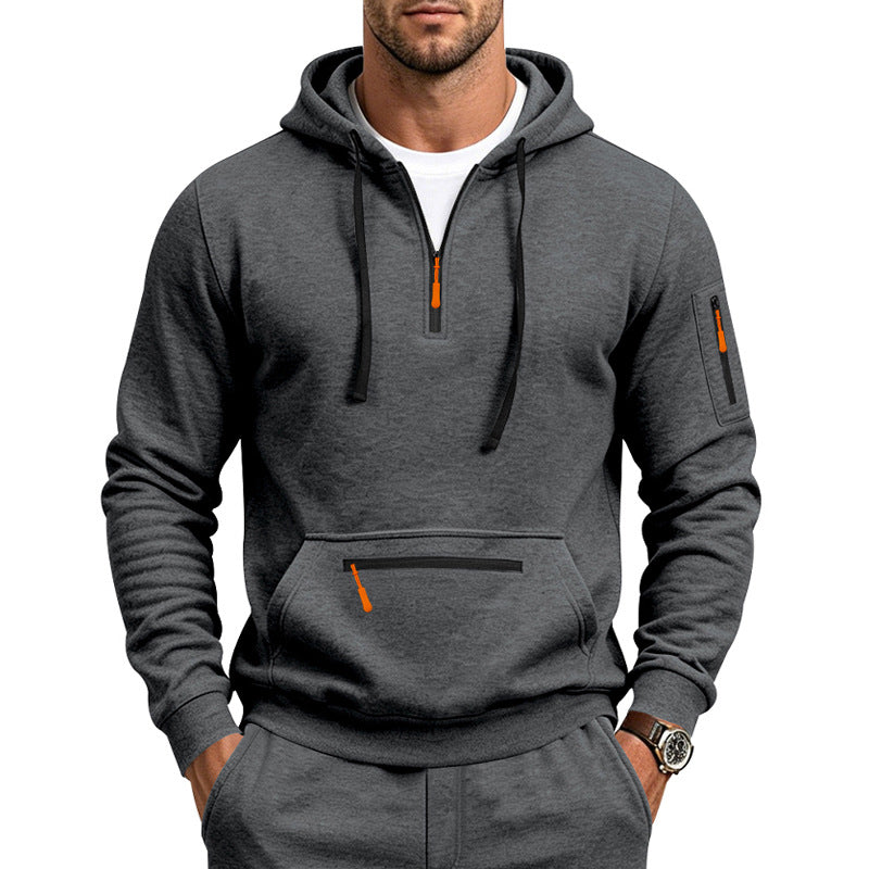 Herren Kapuzen-Sweatshirt mit Half-Zip, Kängurutasche und Reißverschlusstaschen Nord Taschen