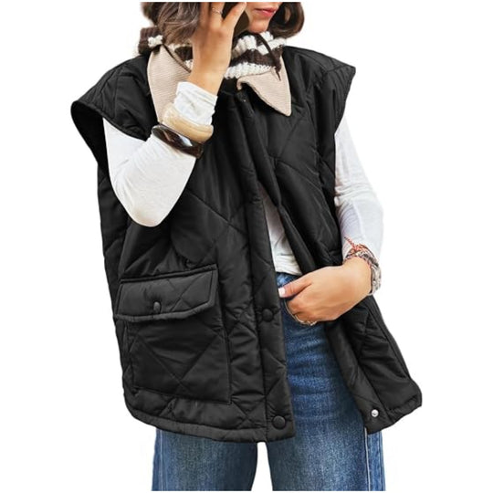 Damen Oversize Steppweste mit Druckknopf-Taschen und hohem Kragen Nord Taschen