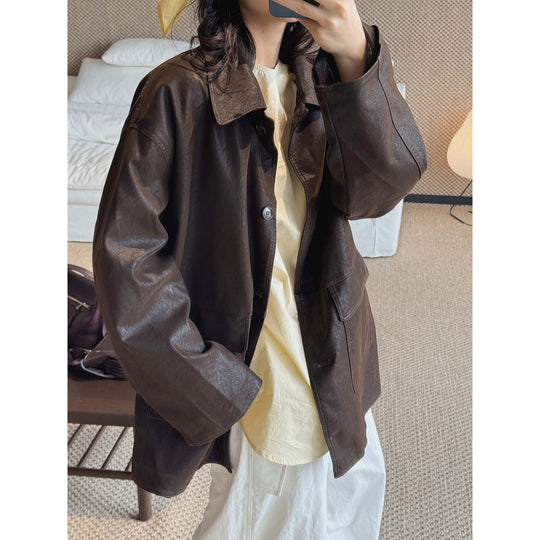 Damen Oversize Kunstleder-Hemdjacke mit breitem Kragen und Pattentaschen Nord Taschen