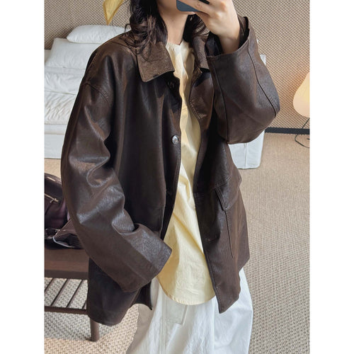 Damen Oversize Kunstleder-Hemdjacke mit breitem Kragen und Pattentaschen Nord Taschen