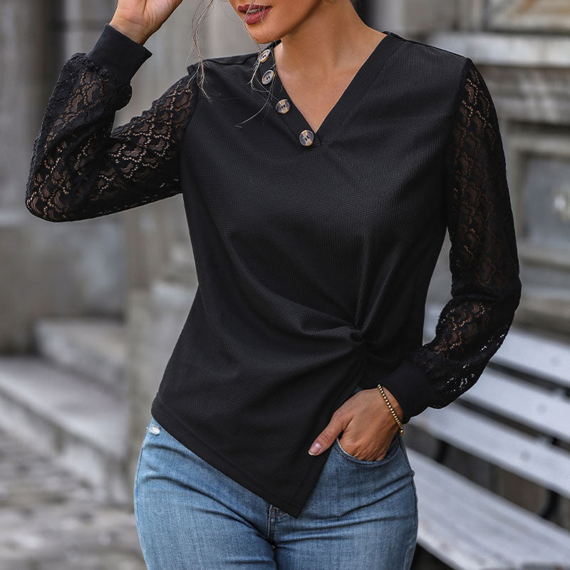 Damen Tailliertes Langarmshirt mit Spitzenärmeln, V‑Ausschnitt und Knotenfront Nord Taschen