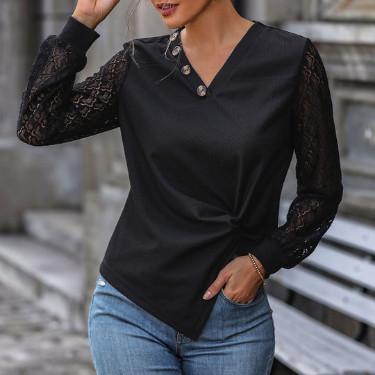 Damen Tailliertes Langarmshirt mit Spitzenärmeln, V‑Ausschnitt und Knotenfront Nord Taschen