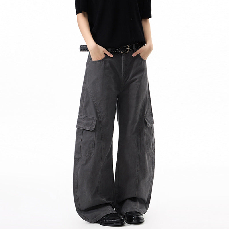 Damen Extraweite Hochtaillierte Cargo-Palazzo-Hose aus Baumwoll-Twill mit Pattentaschen Nord Taschen