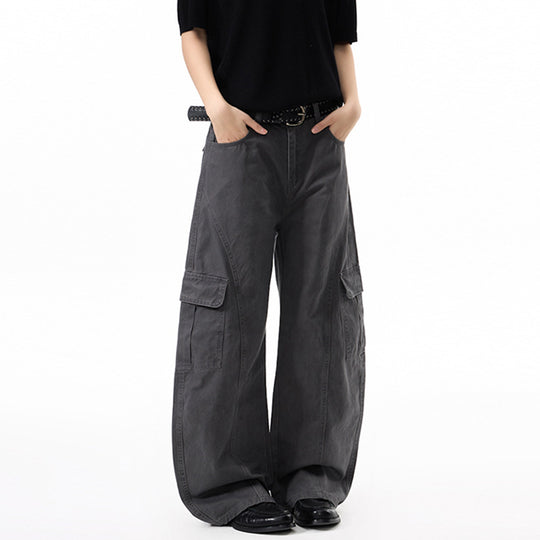Damen Extraweite Hochtaillierte Cargo-Palazzo-Hose aus Baumwoll-Twill mit Pattentaschen Nord Taschen