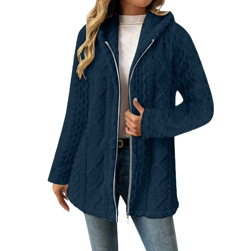 Damen Kapuzen-Sherpajacke mit Zopfmuster, mittellang und Zwei-Wege-Reißverschluss Nord Taschen