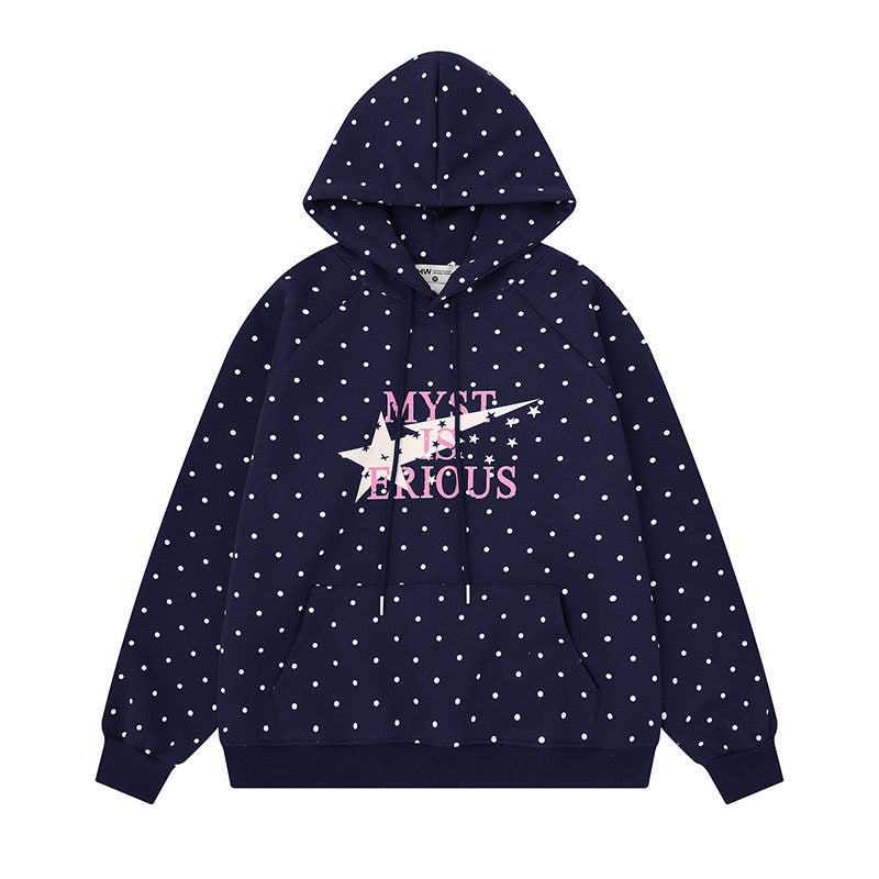 Damen Oversize-Kapuzenpullover mit Polka-Dot-Allover, Kängurutasche und Stern-Grafik Nord Taschen
