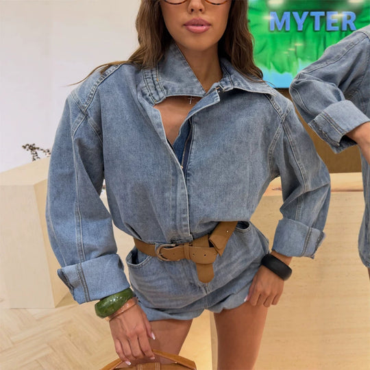 Damen Denim-Shorts-Overall mit kastigem Hemdoberteil und Taillengürtel Nord Taschen