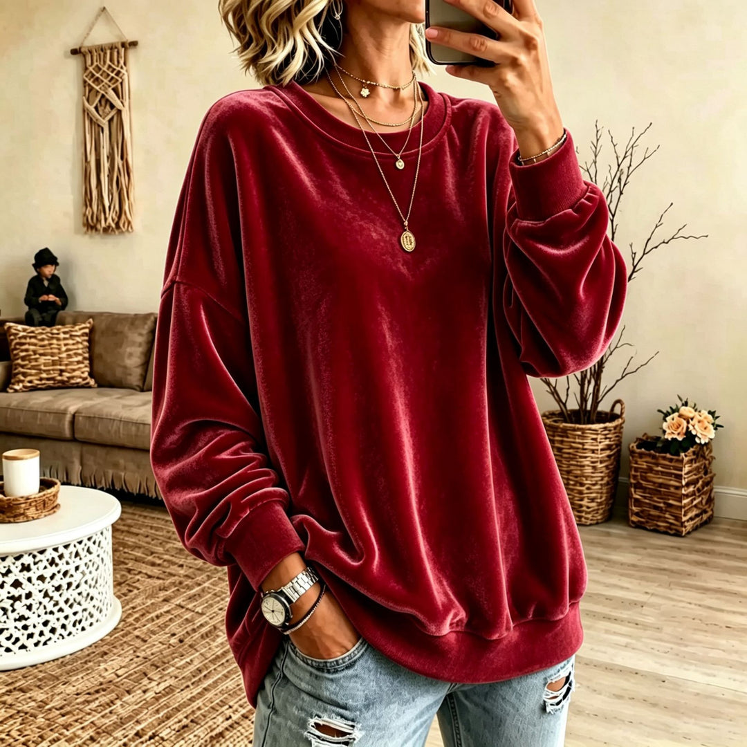 Damen Oversize-Samtpullover mit weitem Schnitt und geripptem Saum Nord Taschen