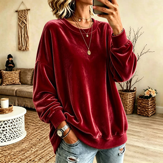Damen Oversize-Samtpullover mit weitem Schnitt und geripptem Saum Nord Taschen
