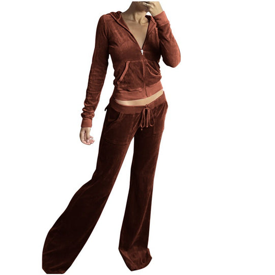 Damen Samtvelours Cropped-Zipjacke mit Kängurutasche und hochgeschnittener Bündchenhose Nord Taschen