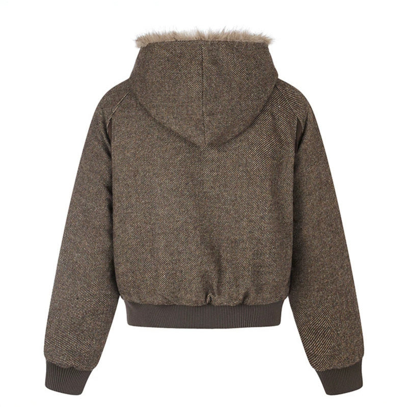 Damen Kapuzen-Bomberjacke mit Kunstfellfutter, asymmetrischer Mehrfachknopfleiste und geripptem Bund Nord Taschen
