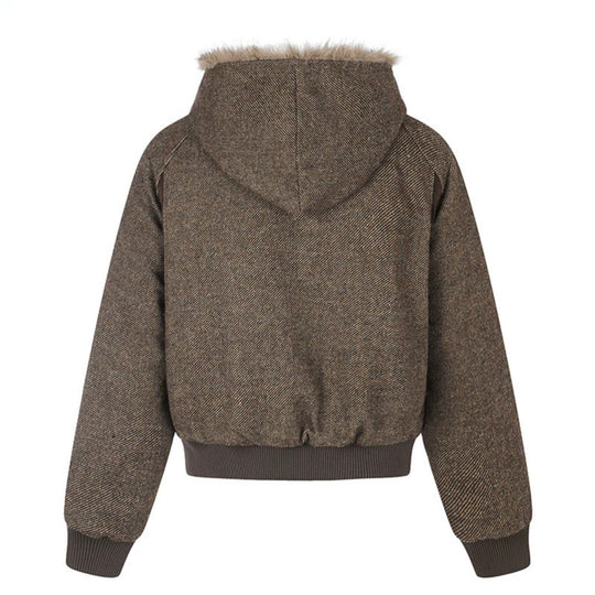 Damen Kapuzen-Bomberjacke mit Kunstfellfutter, asymmetrischer Mehrfachknopfleiste und geripptem Bund Nord Taschen