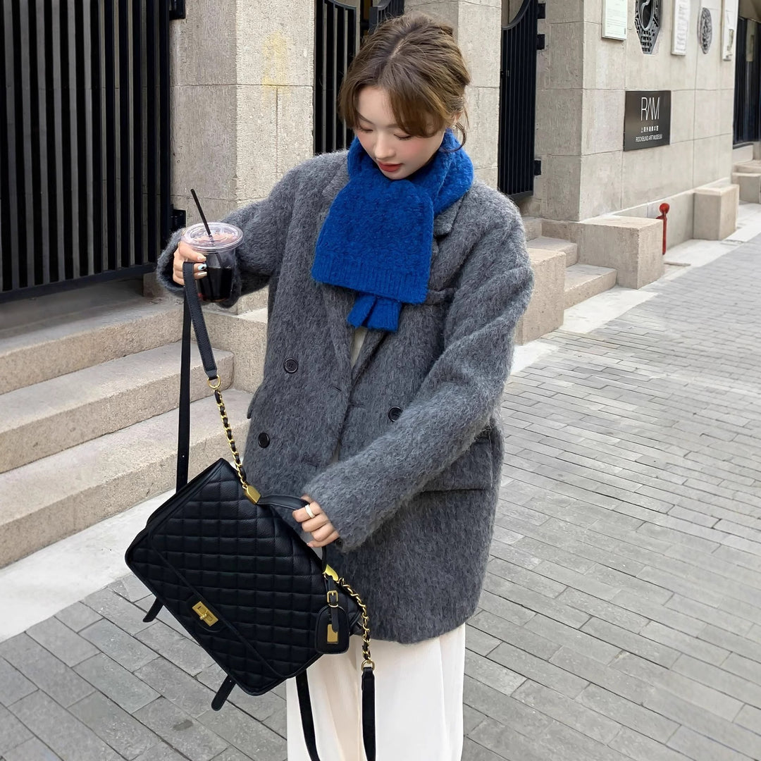 Damen Grobgestrickter Wollmix-Longmantel mit Oversize‑Silhouette und doppelreihiger Knopfleiste Nord Taschen