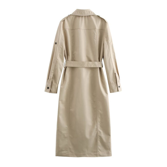 Damen Langer taillierter Trenchcoat mit Bindegürtel, Hemdkragen und Schulterpatten Nord Taschen