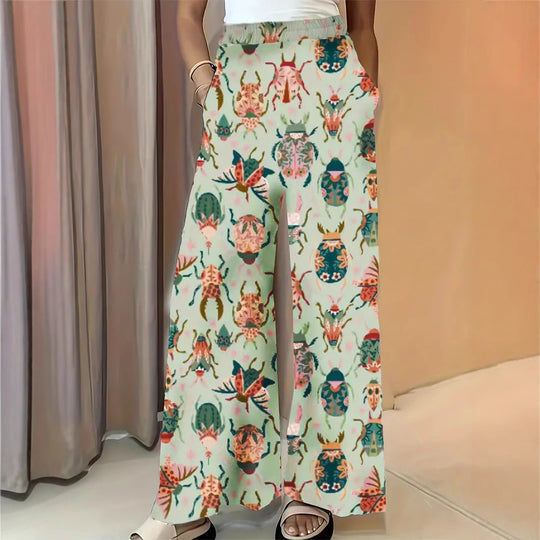 Damen Weite Palazzo-Hose mit elastischem Bund und auffälligem Käferprint Nord Taschen