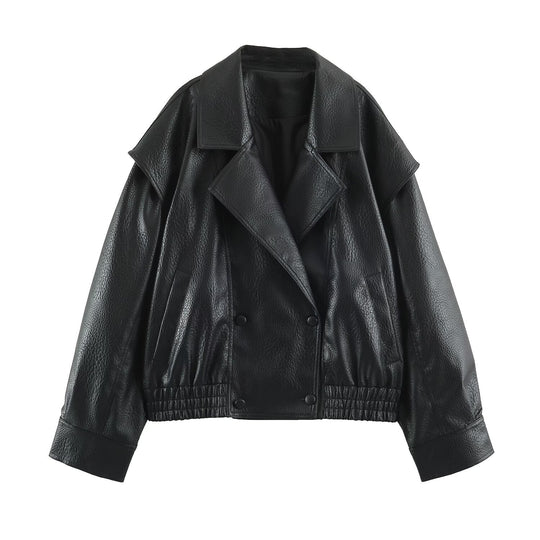 Damen Oversize Kunstlederjacke mit Doppelreihe, weitem Revers und elastischem Saum Nord Taschen