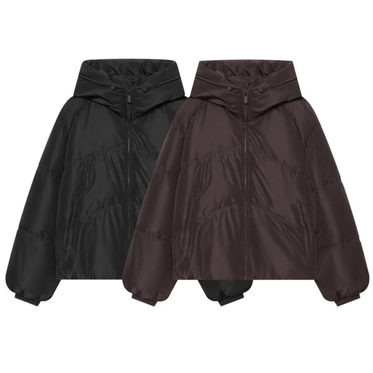 Damen Kurz geschnittene wattierte Oversize‑Steppjacke mit hohem Stehkragen und Kapuze Nord Taschen