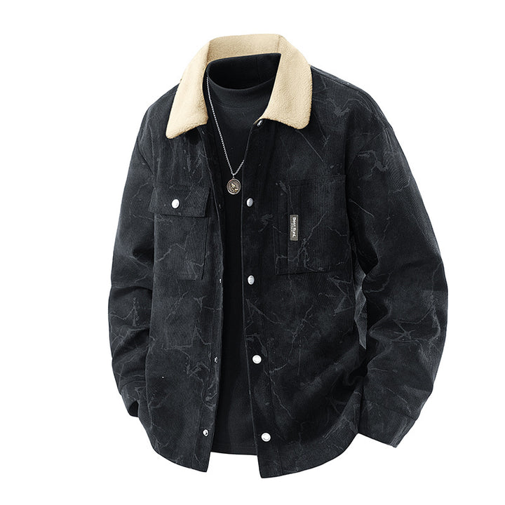 Men's  marbled corduroy sherpa-collar overshirt jacket with flap chest pockets Nord Taschen