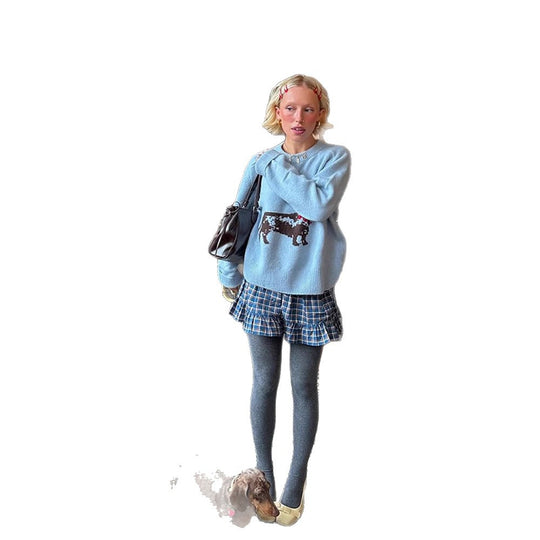 Damen Strickpullover mit Dackel‑Intarsia und entspanntem Oversize‑Schnitt Nord Taschen