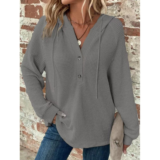 Damen Waffelstrick-Hoodie mit Henley-Knopfleiste und Oversize-Schnitt Nord Taschen