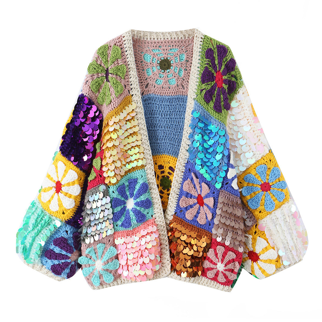 Damen verspielter Häkelpatchwork-Cardigan mit Pailletten und Blumenapplikationen Nord Taschen