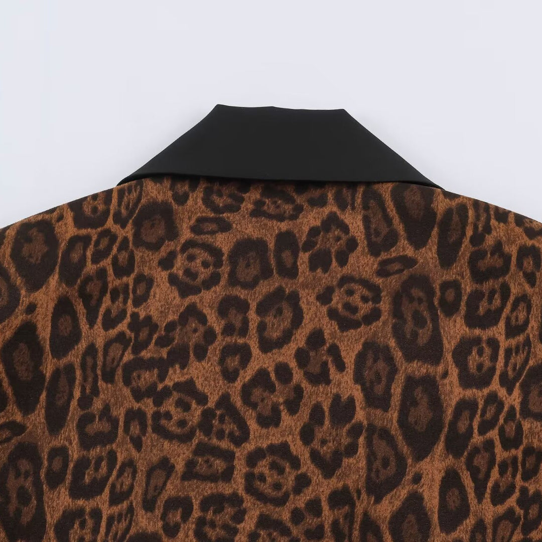 Damen Doppelreihiger Mantel mit Leopardenmuster und Satin-Schalkragen Nord Taschen