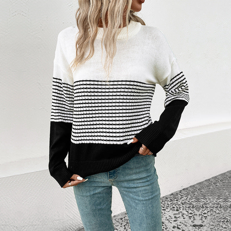Damen Relaxed-Fit Blockstreifen-Feinstrickpullover mit Rippbündchen und überschnittener Schulter Nord Taschen
