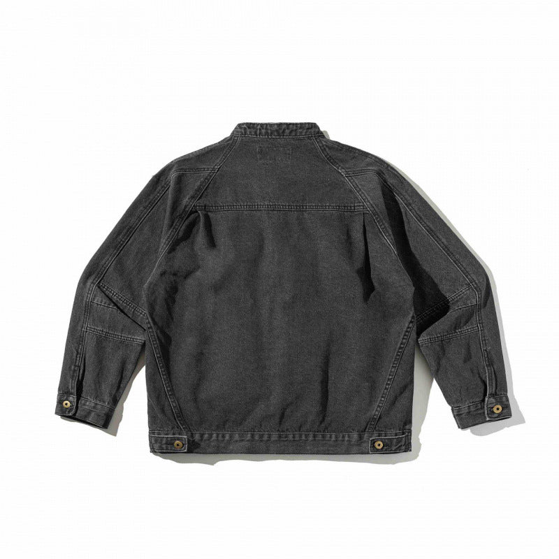 Unisex Boxige Denim‑Hemdjacke im Worker‑Look mit Stehkragen, Raglanärmeln und Brust‑Welttasche Nord Taschen