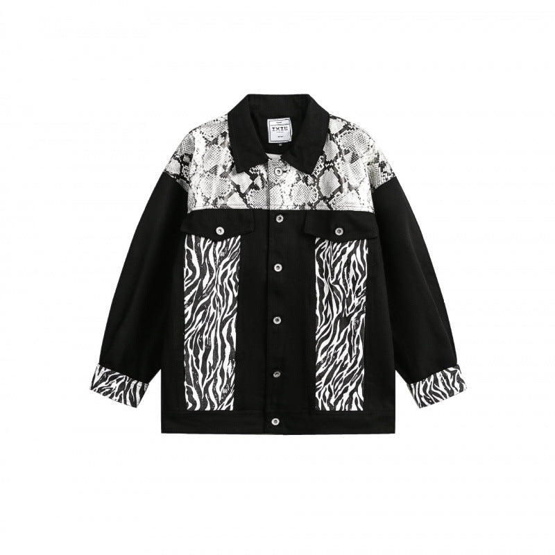 Damen Oversize-Jeansjacke im Patchwork-Tierprint mit Reverskragen und Pattentaschen Nord Taschen