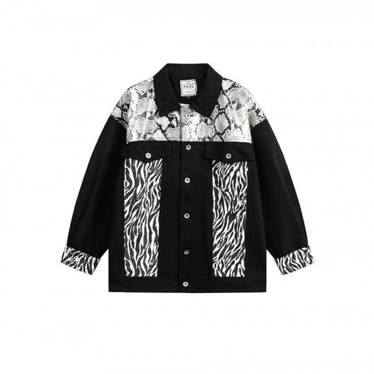 Damen Oversize-Jeansjacke im Patchwork-Tierprint mit Reverskragen und Pattentaschen Nord Taschen