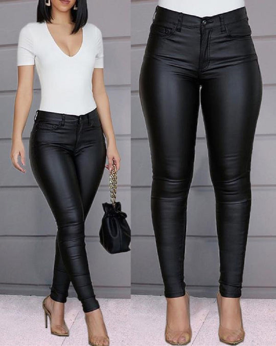 Damen figurbetonte High‑Waist Kunstlederhose im Skinny‑Cut mit Five‑Pocket Nord Taschen
