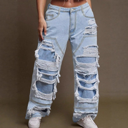 Damen Baggy-Denimhose mit extragroßen Destroyed‑Cutouts und weitem Bein Nord Taschen
