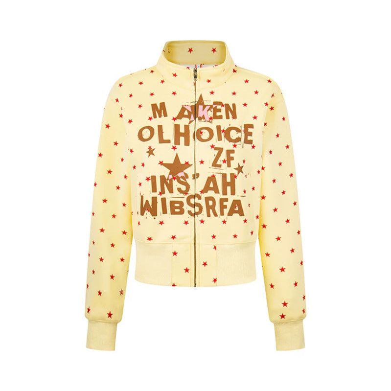 Damen Kurze Reißverschluss-Sweatjacke mit Stehkragen, Allover-Sternprint und Statement-Frontprint Nord Taschen
