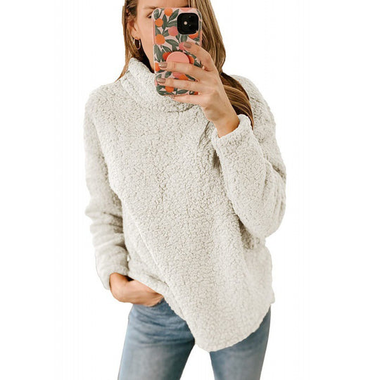 Damen Kuscheliger Oversize‑Teddy‑Pullover mit Stehkragen und gerundetem Saum Nord Taschen