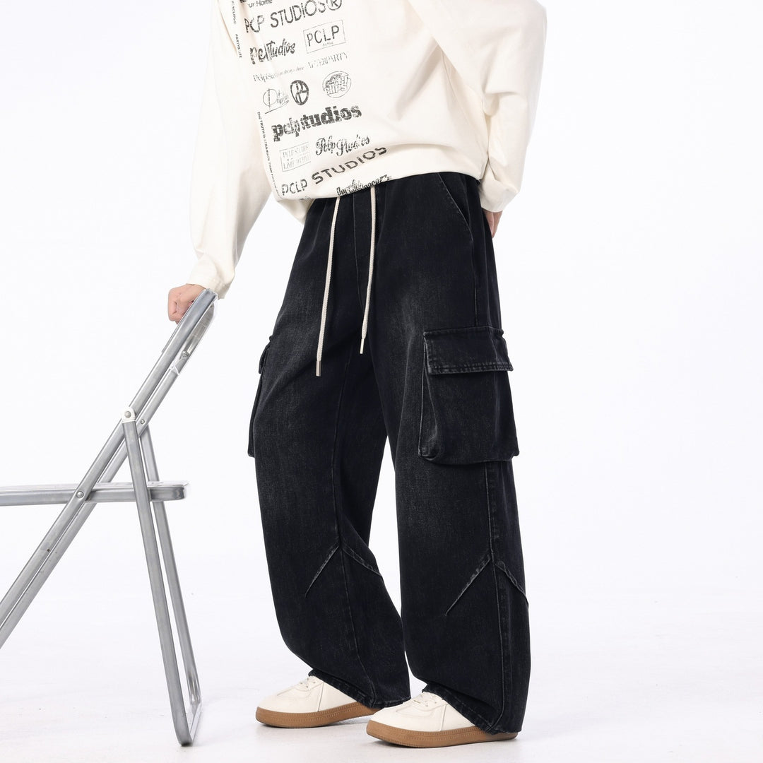Herren Weite Cargo-Denimhose mit Tunnelzug, Used‑Waschung und Oversize‑Passform Nord Taschen