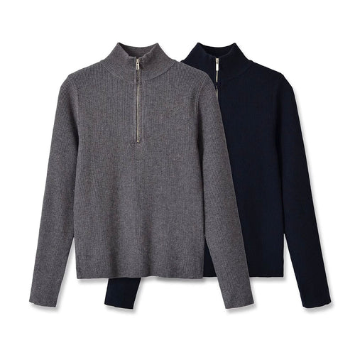 Damen Gerippter Halbzip-Strickpullover mit Stehkragen Nord Taschen